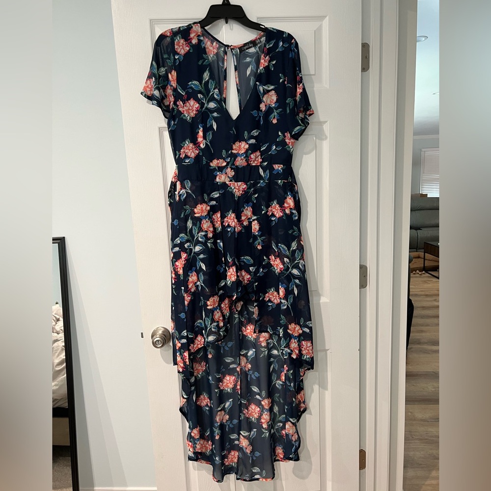 Flowy Flower navy blue high low dress , romper